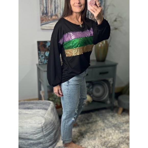 Mardi Gras Sequined Color Block French Terry Purple Green Gold Black 1123 - Picture 4 of 11